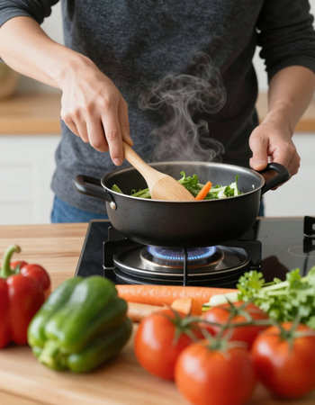 Closeup of woman cooking vegetables in the kitchen. Healthy food conceptの写真素材