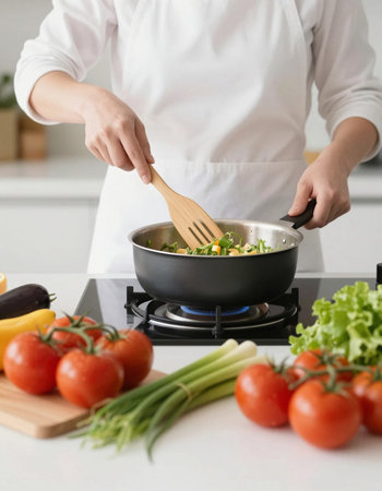 Young woman cooking in kitchen, closeup. Housewife preparing healthy mealの写真素材