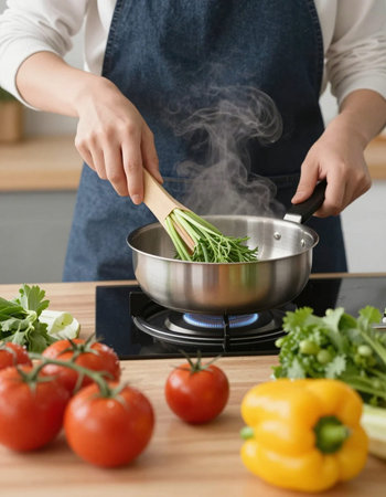 Closeup of young woman cooking in kitchen. Housewife holding wooden spoon and frying vegetables. Food and health conceptの写真素材