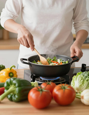 Closeup on human hands cooking in kitchen. Housewife holding wooden spoon and frying vegetables. Healthy meal, vegetarian and dieting conceptの写真素材