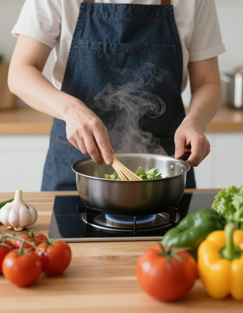 Close up of young woman cooking in the kitchen. Housewife holding pot with vegetables. Healthy meal and vegetarian conceptの写真素材