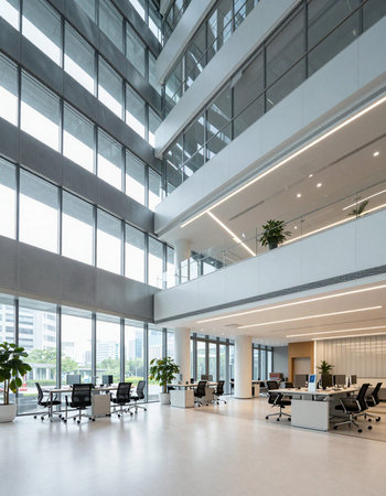 Interior of a modern office building with glass wall and floor.