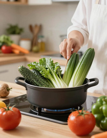 Close up of woman cooking in kitchen. Housewife holding celery and vegetables. Healthy meal, vegetarian and dieting conceptの写真素材