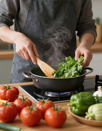 Close up of woman cooking in kitchen. Housewife holding wooden spoon and frying vegetables. Food and vegetarian conceptの写真素材