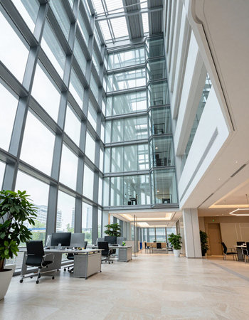 Interior of a modern office building, view from the glass wall