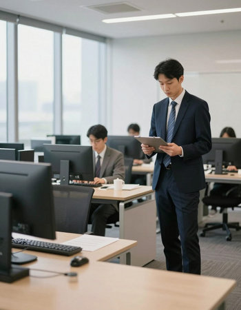 Businessman using digital tablet in modern office with colleagues in the backgroundの写真素材