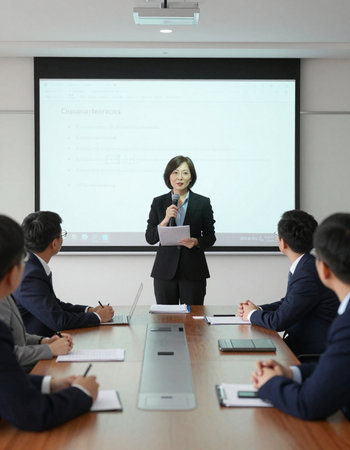 Businesswoman giving a presentation in a conference room with a team in the background