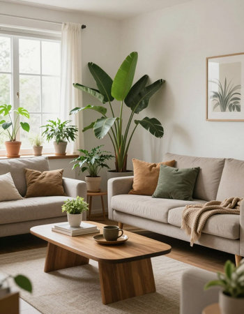Living room interior with sofa, coffee table and tropical plants in pots