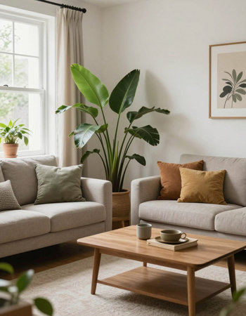 Interior of living room with grey sofa, coffee table and plantsの写真素材