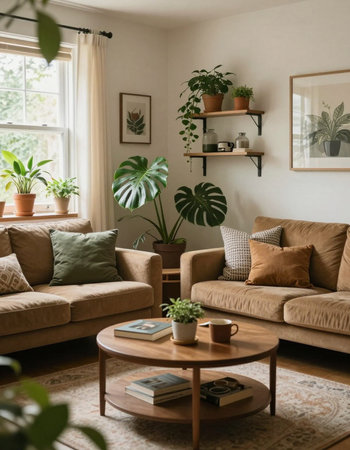Interior of living room with brown sofa, coffee table and plants