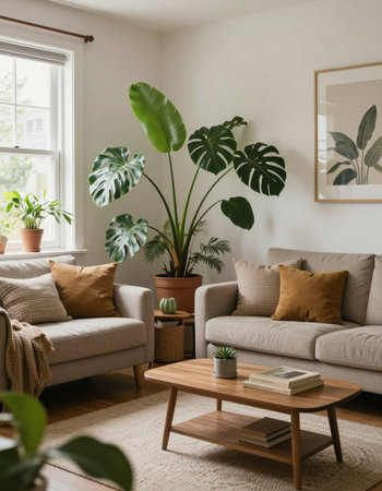 Interior of living room with comfortable sofa, coffee table and plants