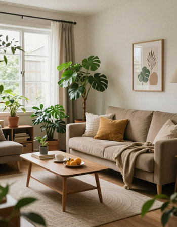 interior of modern living room with sofa, coffee table and plants