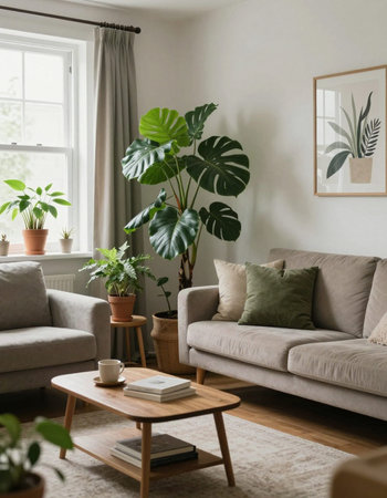 Interior of living room with grey sofa, coffee table and plants