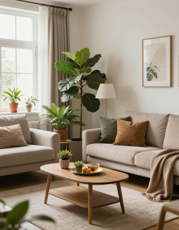 Interior of living room with grey sofa, coffee table and plantsの写真素材