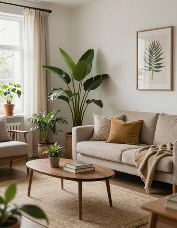 Interior of living room with comfortable sofa, plants and coffee tableの写真素材