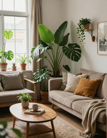Living room interior with comfortable sofa, coffee table and tropical plants in pots
