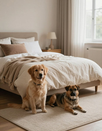 Cute Golden Retriever and dog in the bedroom at home