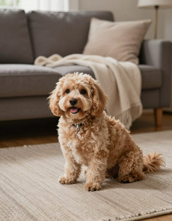 Cute dog sitting on carpet in living room.