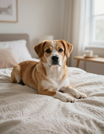 Cute dog lying on bed at home. Pet care concept