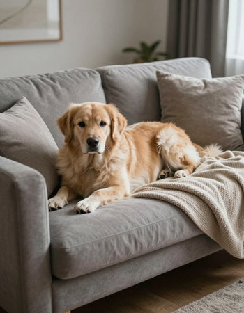 Cute Golden Retriever lying on grey sofa in living room