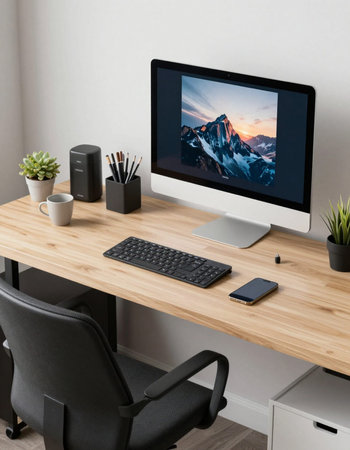 Workplace with computer and coffee cup on wooden table in modern office. 3d rendering