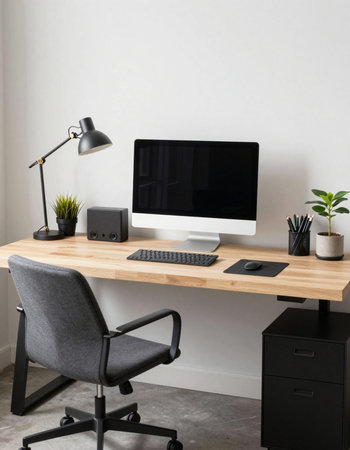 Modern workplace with computer, stationery and plant on table in office