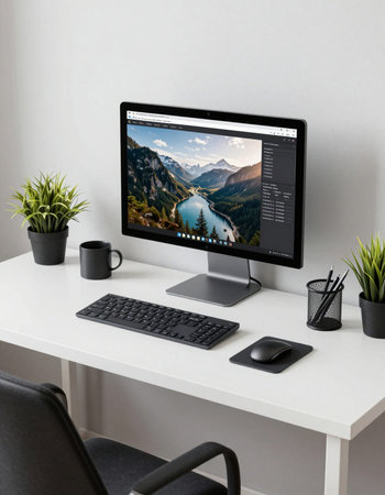 workplace with computer, keyboard, stationery, coffee cup and plant