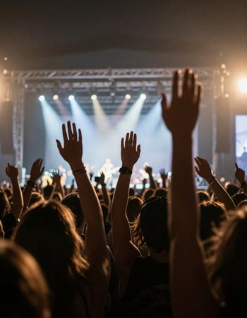 Concert crowd at a music festival, hands up in the air