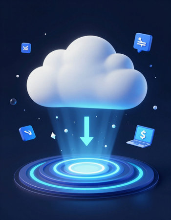 Cloud computing concept with laptop and icons on blue background. 3D rendering
