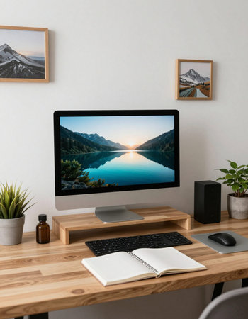 Modern workplace with computer on wooden table in room. 3d render