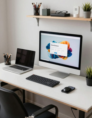 Designer desktop with mock up computer laptop and other items on it
