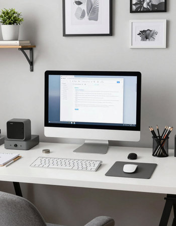 Workplace with computer on table against grey wall. Mockup template