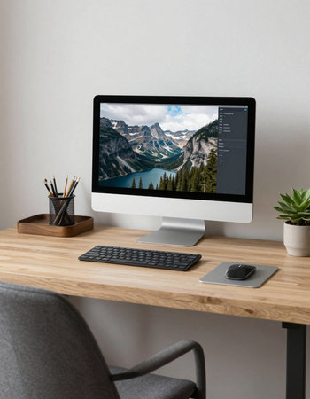 Computer screen mockup on wooden table in office. 3d rendering