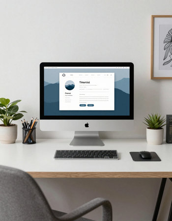Workplace with modern computer and mockup website. All screen graphics are made up.