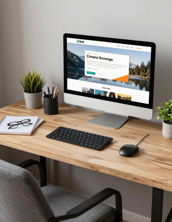 Workplace with modern computer and responsive web design website on screen.