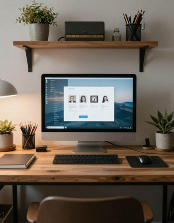 Close-up view of modern designer desktop with personal computer, stationery and other items. Mock up