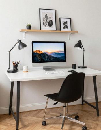 Workplace with computer, lamp and coffee cup in modern office interior