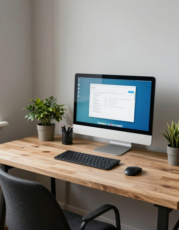 Workplace with computer and notebook on wooden desk in modern office.