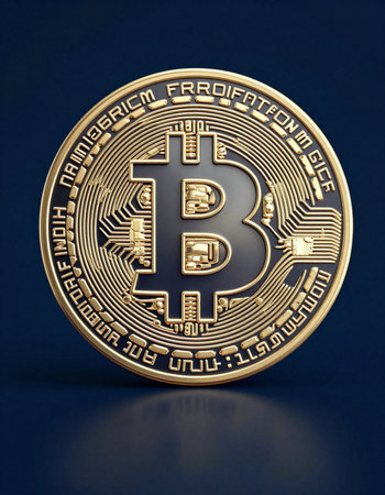 Golden bitcoin on a dark blue background. 3D rendered illustration.