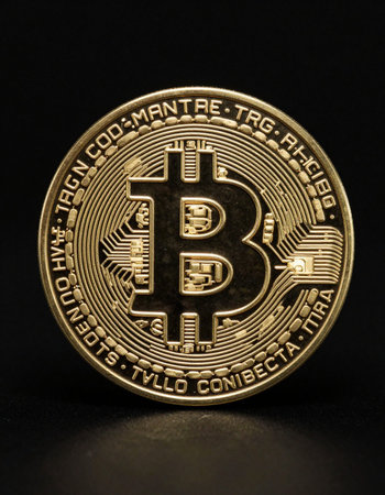 Golden Bitcoin coin on black background. Digital currency. Cryptocurrency.