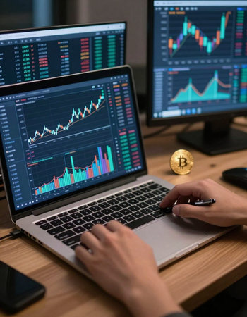 Cryptocurrency trading. Female hands working on laptop computer with cryptocurrency exchange chart...