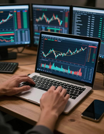 Businessman analyzing stock market data on computer screen. Stock market concept