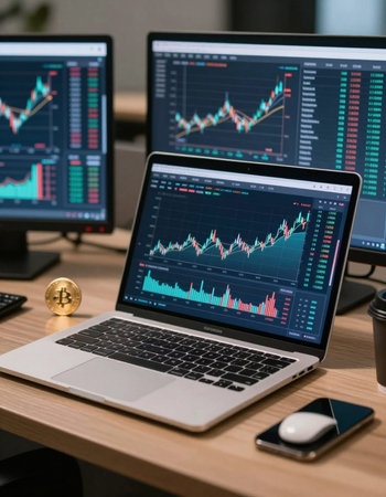 Laptop with stock market data on the screen, stock market concept