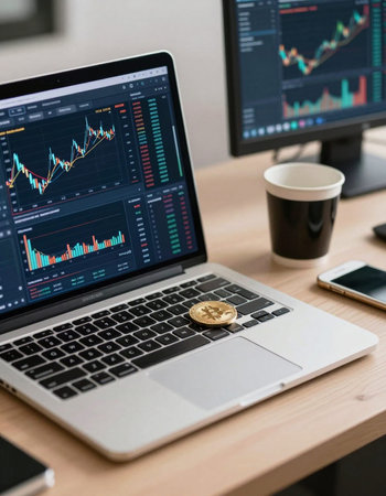 Laptop with cryptocurrency chart on the screen. Stock market concept.の写真素材