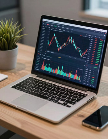 Laptop with stock market chart on screen. Business and finance concept.