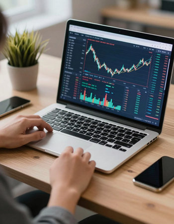 Close-up of businesswoman using laptop and analyzing financial data on screen