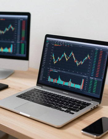 Laptop with stock market chart on screen. Business and finance concept