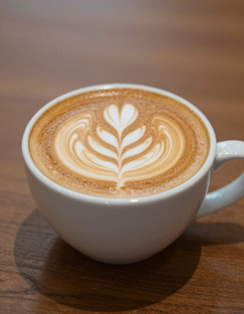 Latte art coffee in white cup on wooden table, stock photo