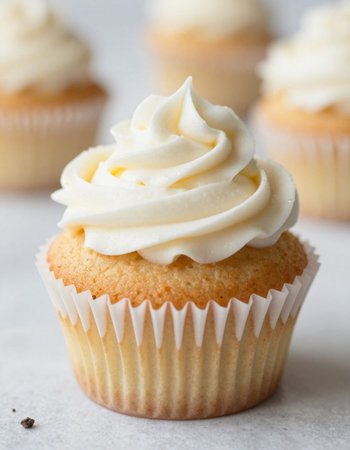 Vanilla cupcake with buttercream frosting on a white background