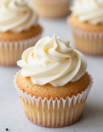 Vanilla cupcakes with buttercream frosting on a white backgroundの写真素材
